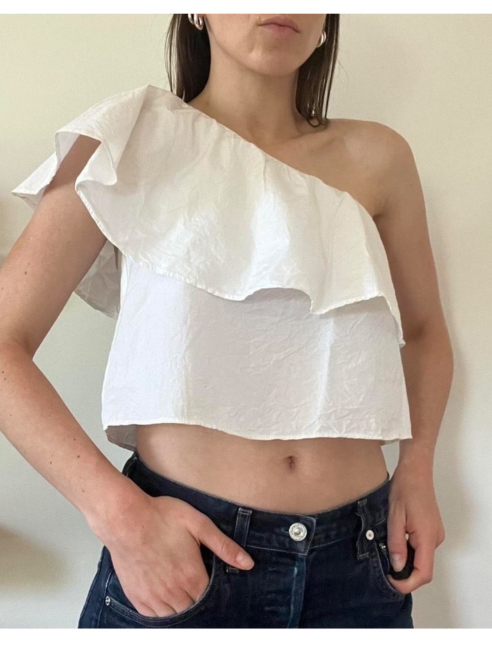Zara White One-Shoulder Ruffle Crop Top